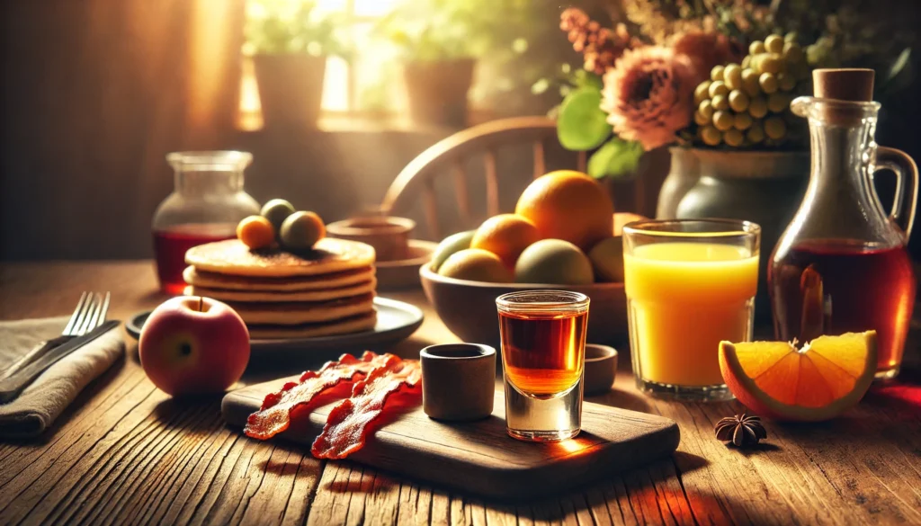 DALL·E 2024 10 25 19.40.52 A landscape image for the introduction of a breakfast shot article. The scene shows a rustic wooden table set with a small shot glass filled with a ri