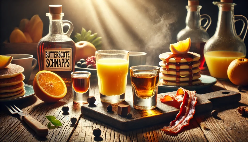 DALL·E 2024 10 25 19.42.06 A realistic landscape image representing a breakfast shot on a rustic brunch table. The shot glass is filled with whiskey and butterscotch schnapps p