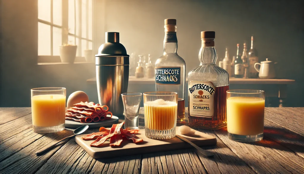 DALL·E 2024 10 25 19.44.40 A realistic landscape image representing the How to Make a Breakfast Shot section. The scene shows a step by step setup on a rustic wooden table wit