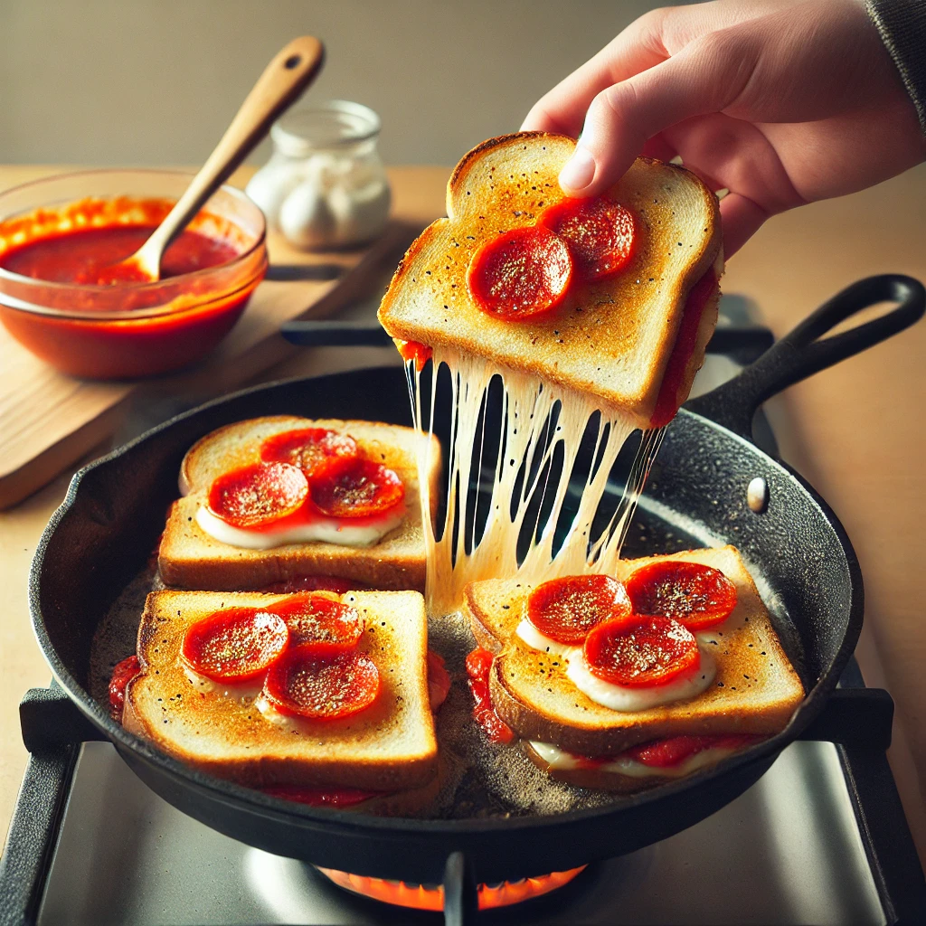 DALL·E 2024 10 29 22.21.25 A step by step cooking scene for making a pizza grilled cheese sandwich. The image shows a skillet on a stovetop with a sandwich being grilled to a go