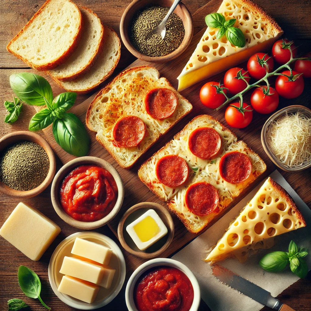 DALL·E 2024 10 29 22.23.45 A detailed image of ingredients for a pizza grilled cheese sandwich on a wooden table. The scene includes slices of sourdough bread mozzarella cheese