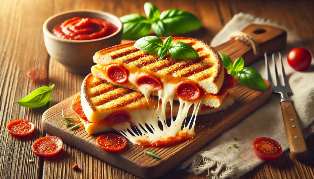 DALL·E 2024 10 29 22.24.34 A realistic landscape image of a finished pizza grilled cheese sandwich cut in half to reveal melted mozzarella cheese marinara sauce and pepperoni