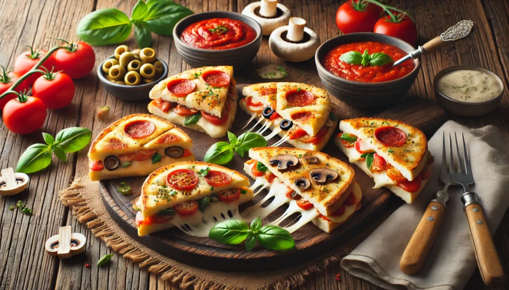 DALL·E 2024 10 29 22.24.42 A realistic landscape image showing several variations of pizza grilled cheese sandwiches on a rustic wooden board. Each sandwich is cut open to show