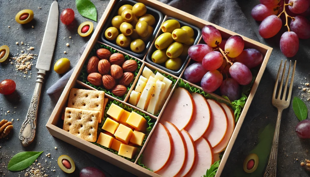 DALL·E 2024 10 31 20.27.28 A close up of a classic charcuterie box lunch featuring sliced turkey cheddar cheese cubes whole grain crackers red grapes and green olives. The 1 1