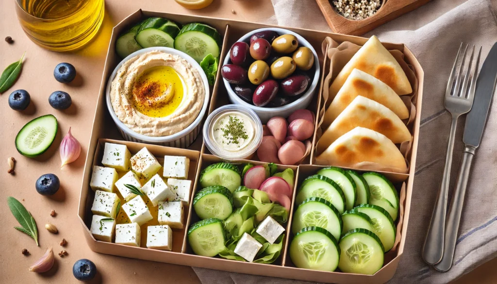 DALL·E 2024 10 31 20.27.30 A beautifully arranged Mediterranean inspired charcuterie box lunch featuring hummus in a small container feta cheese cubes pita bread triangles cu