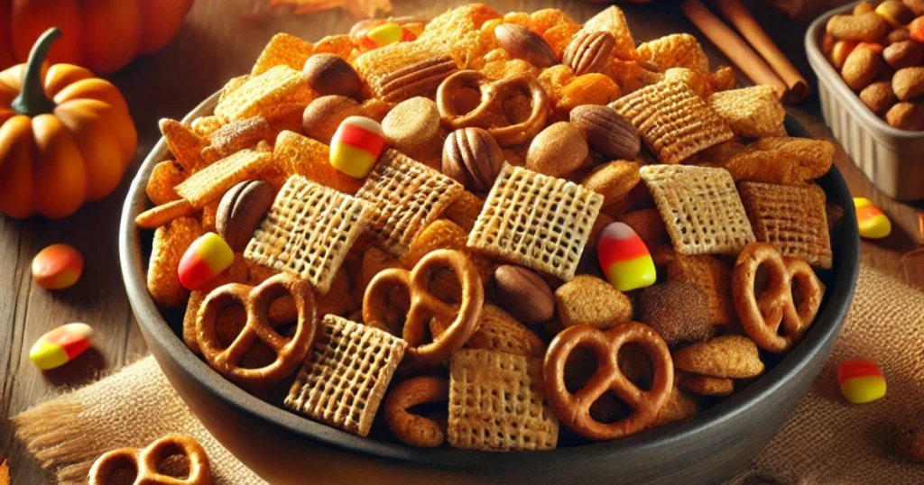 A bowl of fall-inspired Chex Mix with pretzels, candy corn, and spices.